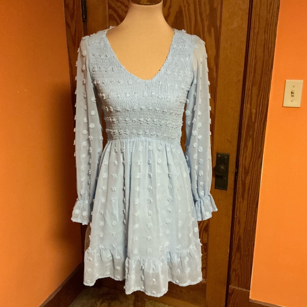 BTFBM Light Blue Swiss Dot Smocked Dress Boho Romantic Long Sleeve Ruffle Hem - Picture 6 of 10